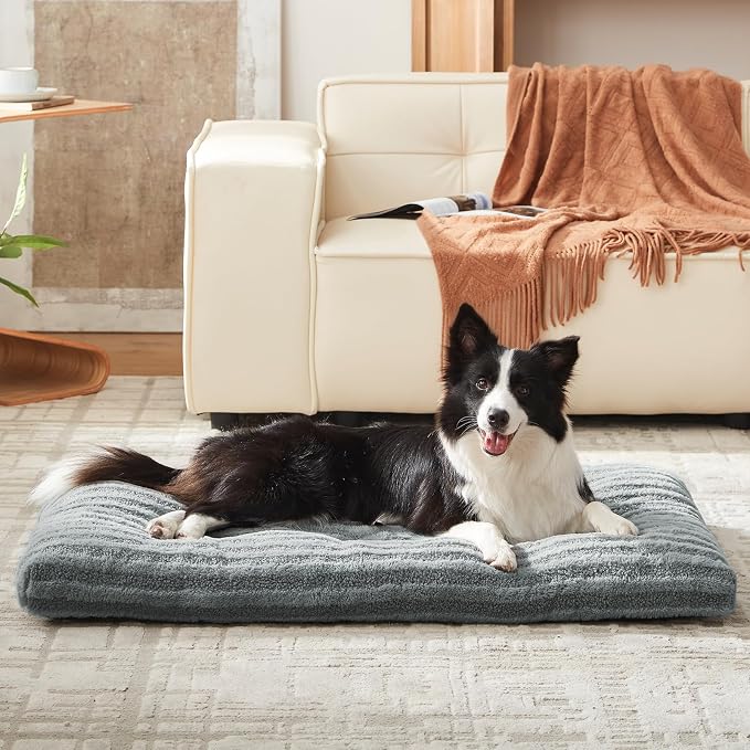 FURTIME Washable XXL Dog Bed for Extra Large Dogs, Giant Deluxe Dog Crate Beds Comfy Fluffy Kennel Pad Anti-Slip Pet Sleeping Mat, Machine Washable Dogs Pillow, 47"x29"x4", Gray