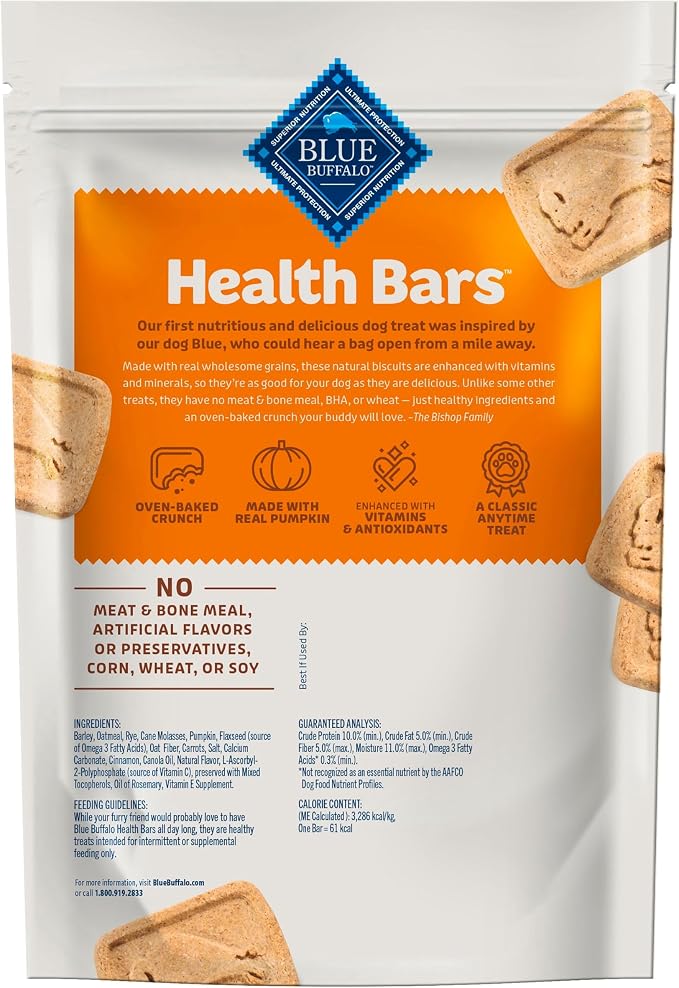Blue Buffalo Health Bars Pumpkin & Cinnamon Crunchy Dog Biscuits, Oven-Baked with Pumpkin & Natural Ingredients, Healthy Dog Treats with No Artificial Flavors or Preservatives, 16 oz.