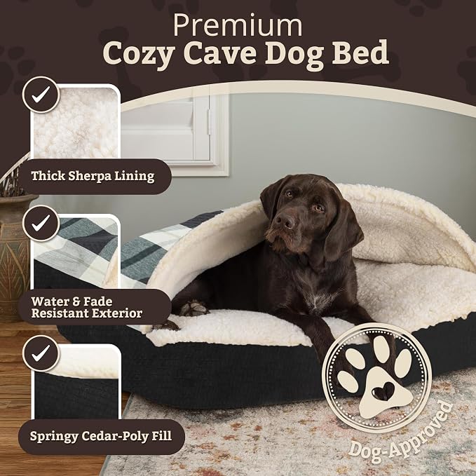 Snoozer Rectangle Cozy Cave Dog Bed - Indoor Dog Bed with Cover Cave, Covered Calming Burrow for Medium & Large Sized Pets with Blanket Attached, Enclosed, Washable Cover -Large, Barkley Black Diamond