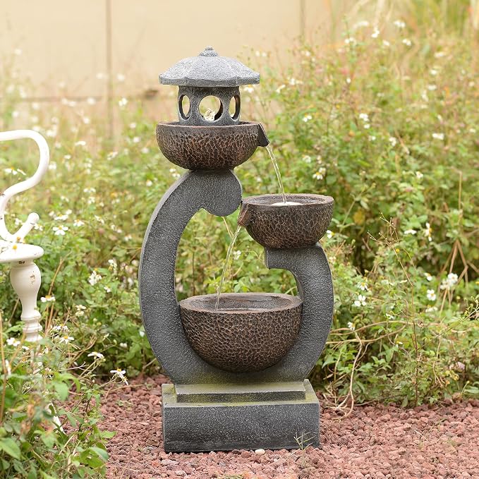 Outdoor Water Fountain with LED Lights, 3-Tier Zen Garden Fountain for Patio, Yard & Porch Decor – Durable Resin Waterfall Feature with Modern Japanese-Style Design, 35” Tall
