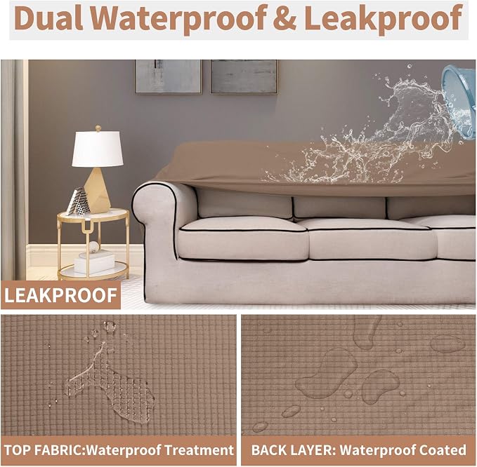 Easy-Going 100% Waterproof Loveseat Couch Cover, Dual Waterproof Sofa Cover, Stretch Jacquard Sofa Slipcover, Leakproof Furniture Protector for Kids, Pets, Dog and Cat(Loveseat, Camel)