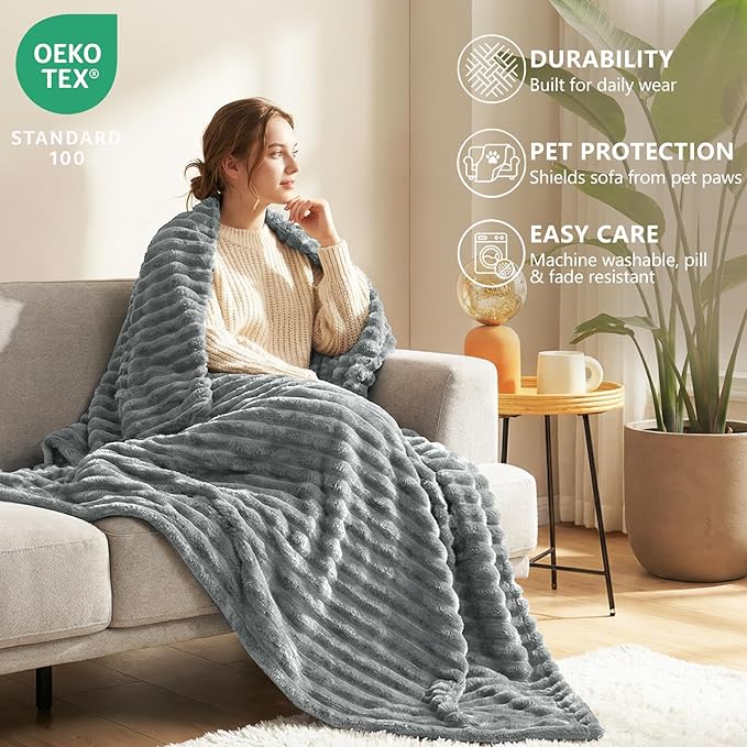 HIMEET Fleece Grey Throw XL Blanket for Couch - 300GSM Ribbed Soft Cozy Outdoor Blankets for Travel Camping Nap, Birthday Gifts for Women Men Her, Long Sofa Room Decor Office Throws, 50x70 Inches