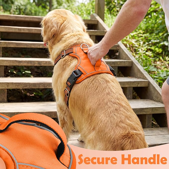 Funfox Dog Harness No Pull, Adjustable Pet Vest Harness, Super Soft Material with Vertical Handle Easy Control, Reflective Night Walking, 2 Leash Clips for Large Dogs, Orange, L