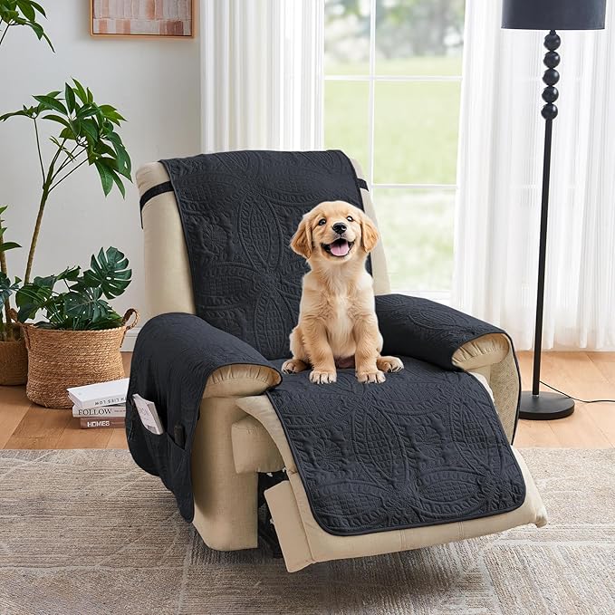Blue Quilted Recliner Covers, Water-Repellent Recliner Slipcovers, Lazy Boy Chair Covers, Pet Friendly Recliner Cover for Dogs Cats, Washable Furniture Protector (Recliner 22", Blue Gray)