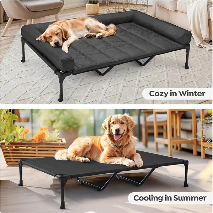 Veehoo Cooling Elevated Dog Bed Add Removable Waterproof Bolster Cushion Mat, Raised Pet Cot with Breathable Teslin Mesh, No-Slip Feet, Dog Sofa Bed for Indoor Outdoor, XXLarge, Black CWC2331B