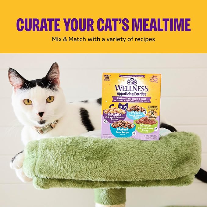 Wellness Appetizing Entrées Flaked, Shredded and Mousse Variety Pack Adult Wet Cat Food, Natural, Protein-Rich, Grain Free, Seafood & Poultry Recipes, 2.8 oz, Pack of 8 Pouches