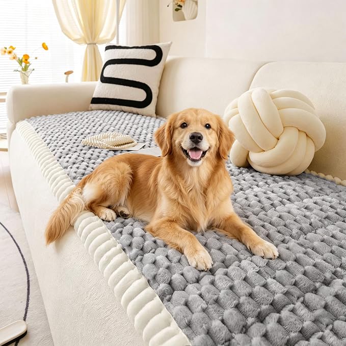 OTOB All Seasons Couch Covers for 3 Cushion Sofa Pet Friendly, Non Slip Plush Fuzzy Sofa Covers Washable, Soft Cozy Sofa Slipcovers Dog Bed Mat Furniture Protector (Light Gray, 27.6" x 82.7")