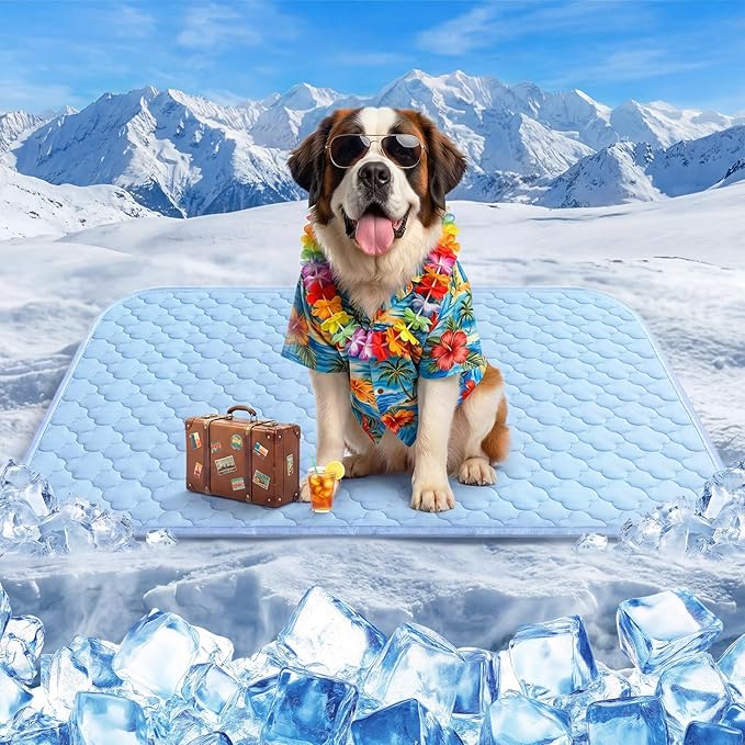 Cooling Mat for Dogs Extra Large 43" x 31", Q-Max>0.5 Cooling Pet Bed Outdoor & Indoor Use w Ice Silk Fabric & Waterproof Cover, Summer Cool Pad for Dog, Non-Slip Washable Pet Blanket for Crate Kennel