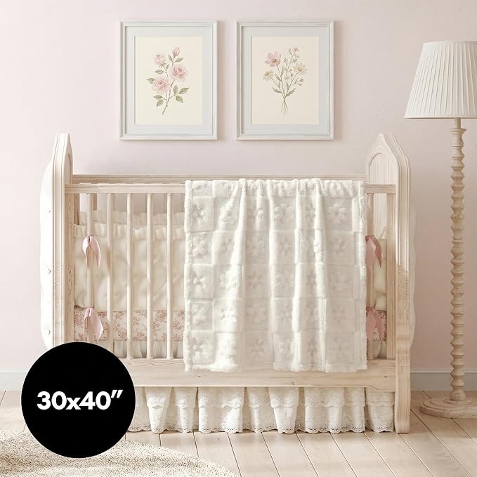 Americanflat 30x40 Jacquard Kids Throw Blanket - Soft and Breathable Mini Fleece Throw Blanket for Couch, Bed, Chair - Fleece Blankets Perfect for Home, Bedroom, or Outdoor - Flower Design in Cream