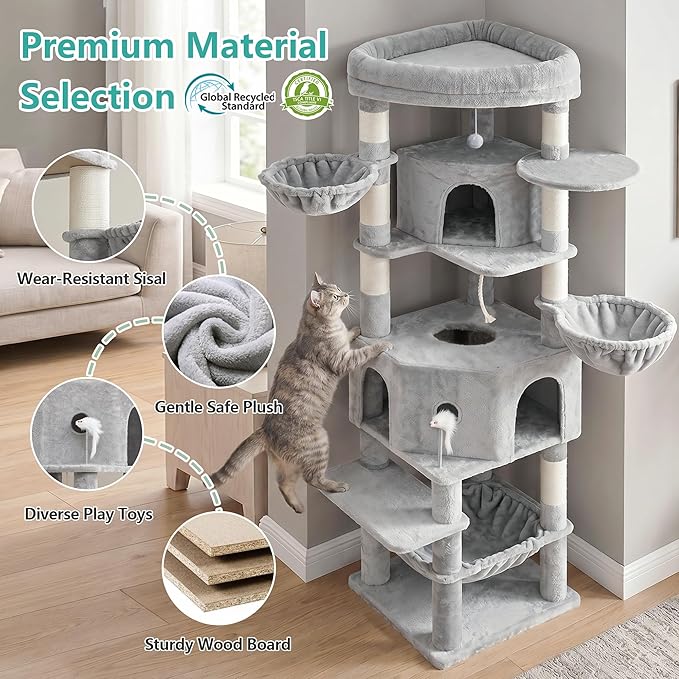Cat Tree, 81.1" Skyward Corner Cat Tower for Large Cats with Diamond Hideout, Space-Smart Cat Furniture with Grand Platform, Firm Base, 3 Soft Hammock & Pet Relax Station, Light Gray VCT031W