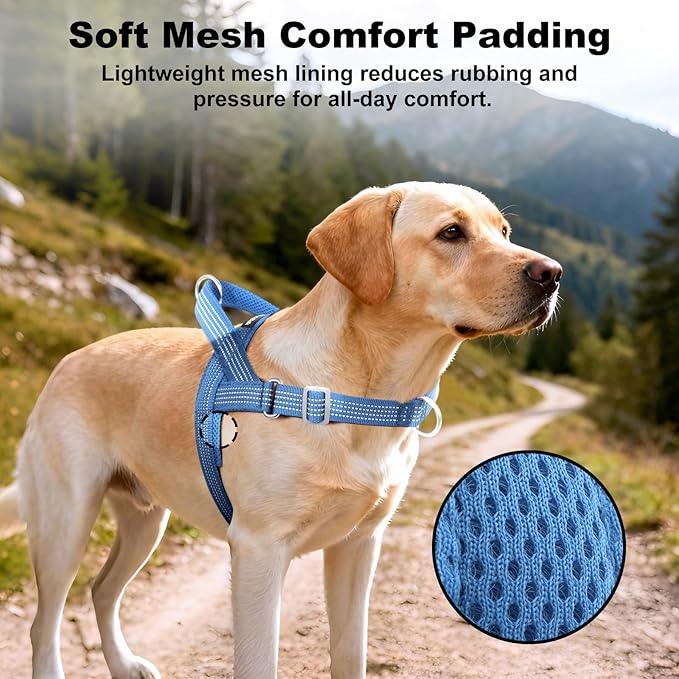 No Pull Dog Harness with Handle, Adjustable Soft Mesh Padded Reflective Walking Harness with Front Clip for Small Medium Large Dogs – Quick Fit No Escape for Training and Hiking (Blue, XL)