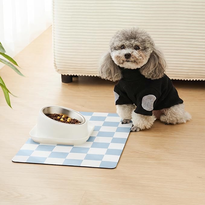 Checkered Dog Feeding Mat, Absorbent Mats for Dog Food and Water Bowl, Dispenser, Retro Aesthetic Cute Blue Checkerboard Pet Placemat for Dogs, Cats, Puppy Accessories, 12" X 19”