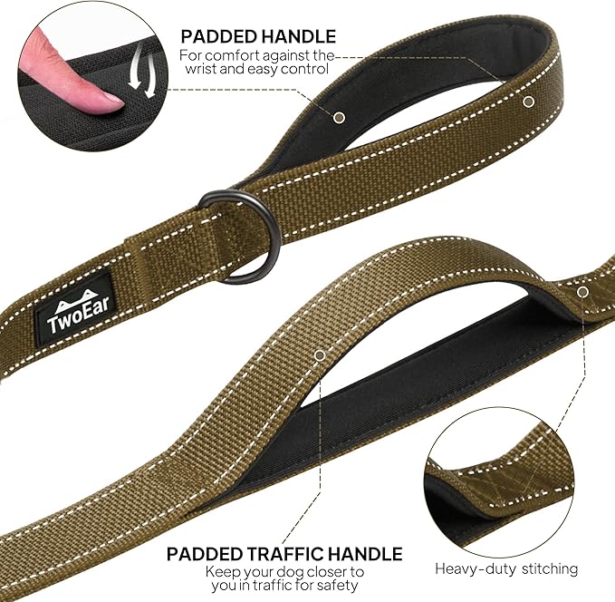 TwoEar 6FT 1IN Strong Brown Dog Leash with 2 Padded Handles, Traffic Handle Extra Control, Comfortable Soft Dual Handle, Auto Lock Hook, Reflective Walking Lead for Small Medium and Large Dogs