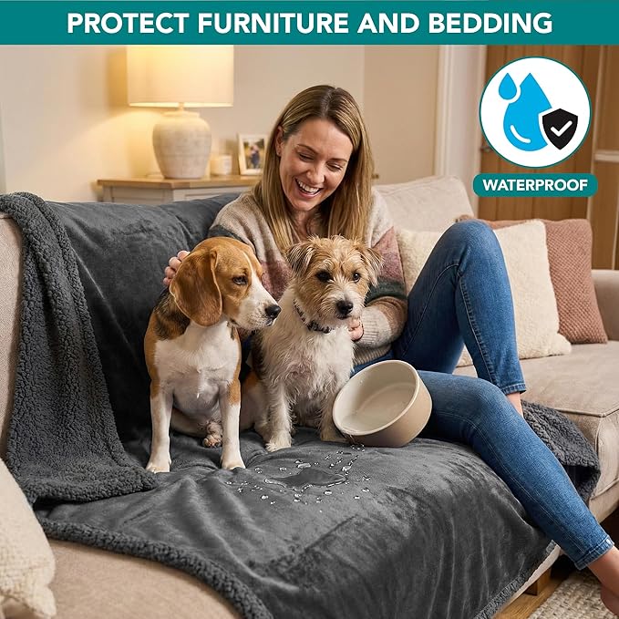 PetAmi Waterproof Dog Blanket for Couch, Pee Proof Fleece Reversible Pet Throw, Furniture Protector for Bed Sofa Kennel, Soft Washable Cover for Small Medium Dog Puppy Cat, 29x40 Dark Grey Sherpa