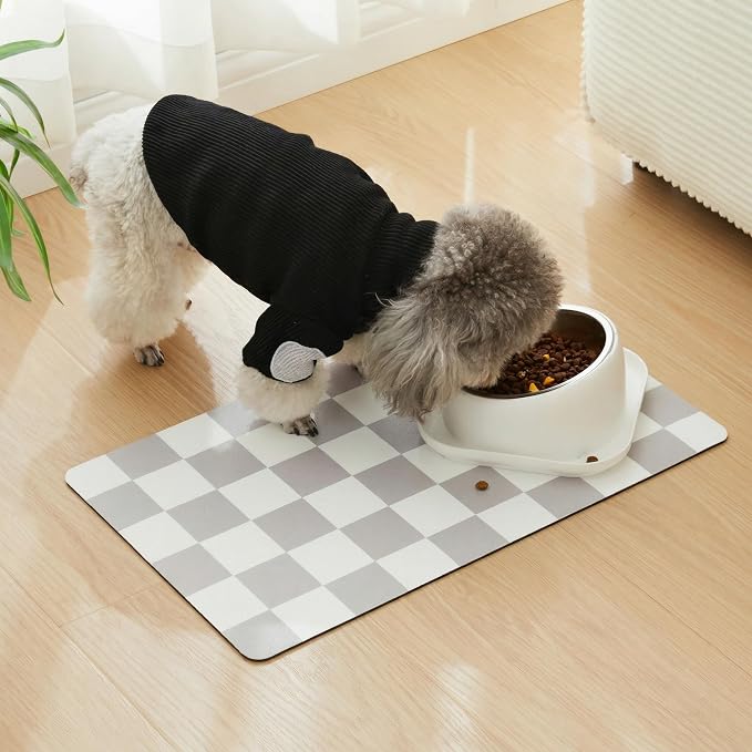 Checkered Dog Feeding Mat, Absorbent Mats for Dog Food and Water Bowl, Dispenser, Retro Modern Aesthetic Preppy Grey Checkerboard Pet Placemat for Dogs, Cats, Puppy Accessories, 12" X19”