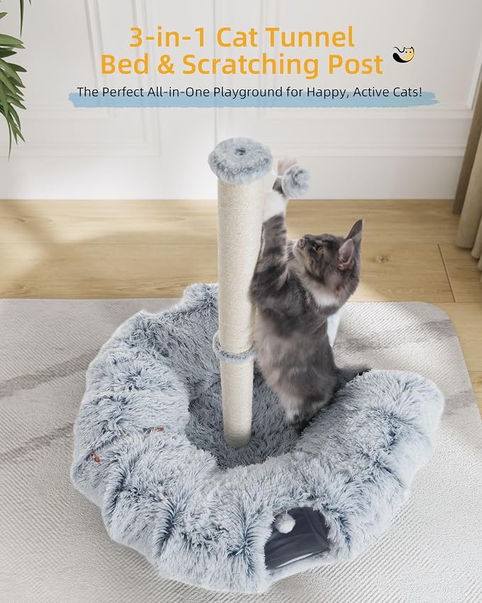 Aechonow 3-in-1 Cat Tunnel Bed, 34'' Tall Cat Scratching Post for Indoor Cats, Fluffy Peekaboo Donut Hideout Toy for Pets, Rabbit, Ferret