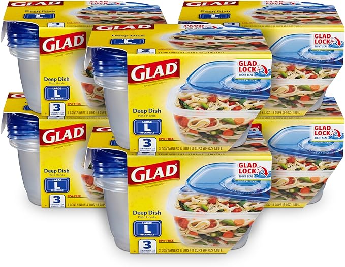 Glad GladWare Deep Dish Food Storage Containers Lids Large Rectangle BPA Free Meal Prep Microwave Dishwasher Safe Lock Tight Seal 64 OZ 3 Count 6 Pack