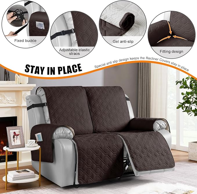 VANSOFY Waterproof Recliner Couch Covers, Sofa Covers 1-Piece Washable Reclining Sofa Cover Non-Slip Furniture Protector with Elastic Straps Pocket for Dogs, Pets(Chocolate,2 Seater)
