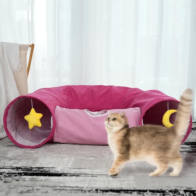 Cat Tunnel, Large Indoor Durable Collapsible Interactive Cat Tube with Peek-A-Boo Hole, Hanging Toys, and Crinkly Paper Lining - Cute Tunnel for Cats, Kittens, Puppies & Rabbits, Pink