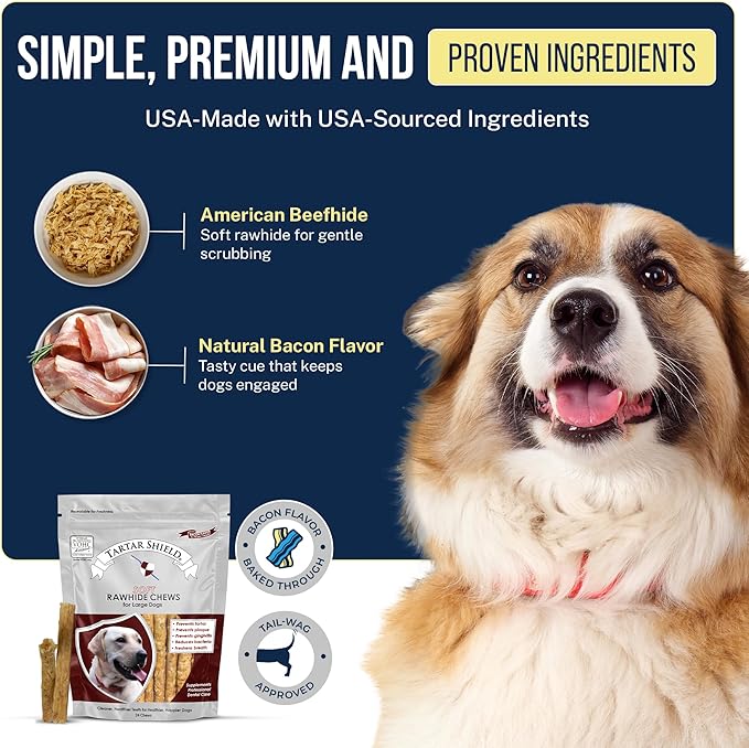 Tartar Shield® Soft Rawhide Dental Chews for Large Dogs | VOHC Accepted | Reduces Tartar, Controls Plaque & Freshens Breath | Vet Recommended | Bacon Flavor | USA Made | 24 Count