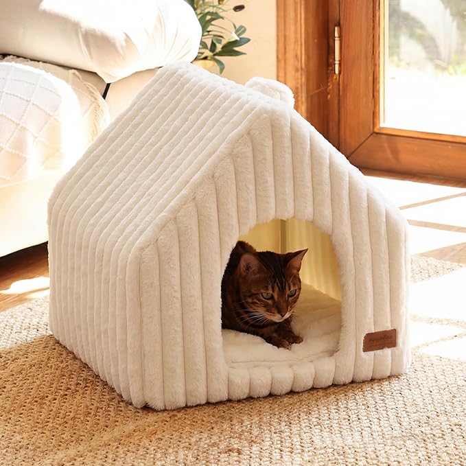 FUKUMARU Cat Houses for Indoor Cats, Washable Cute Cat Bed Cave with Removable Pillow, Large Semi-Enclosed Cozy Dog House Indoor, Soft Faux Rabbit Fur Kitten Bed, 17.5-Inch Cat Hideaway, Cream