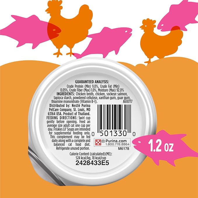 Friskies Purina Grain Free Lickable Cat Food Toppers Lil’ Soups with Sockeye Salmon in Chicken Broth - 1.2 oz. Cups,(Pack of 16)