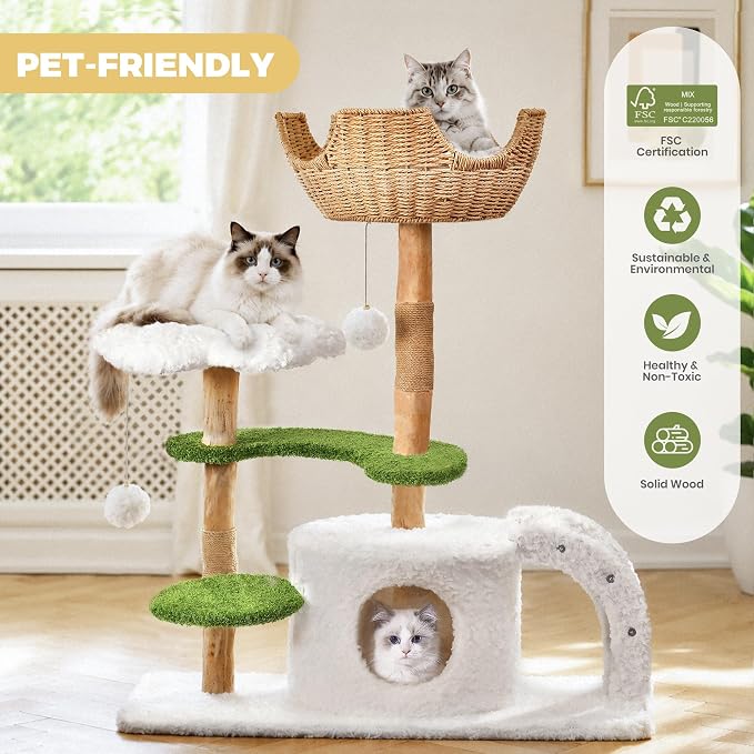 Easyego Modern Cat Tree, 45.6" Aesthetic Wood Cat Tree Tower for Large Cats, Luxury Cat Condo with Scratching Posts and Flower Platforms, Cat Furniture, White&Green