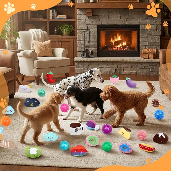 Hungdao 80 Pcs Dog Squeaky Toys Bulk for Small Dog Cute Plush Stuffed Puppy Chew Teething Ball Toys Pet Bundle Easter Gift for Chewing Cleaning & Interactive Play(Fashion Style)