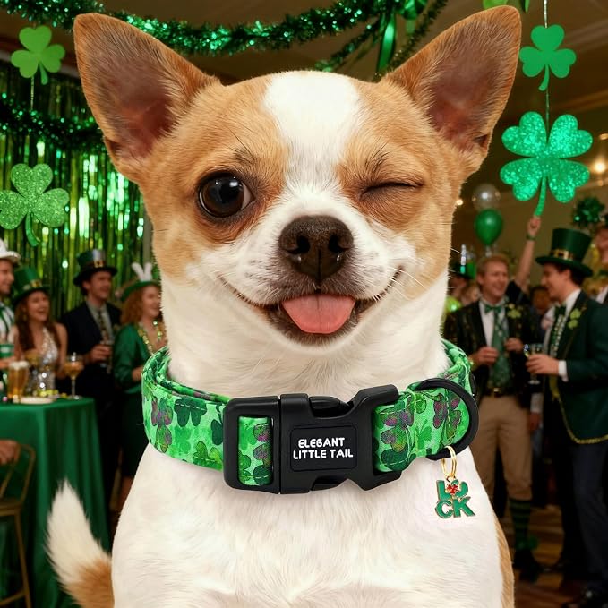 Elegant little tail St Patrick's Dog Collar - Green Cute Clover Cotton Shamrock Pet Collar Trefoil Adjustable Cotton Pet Collar with Quick Release Buckle for Small Dogs