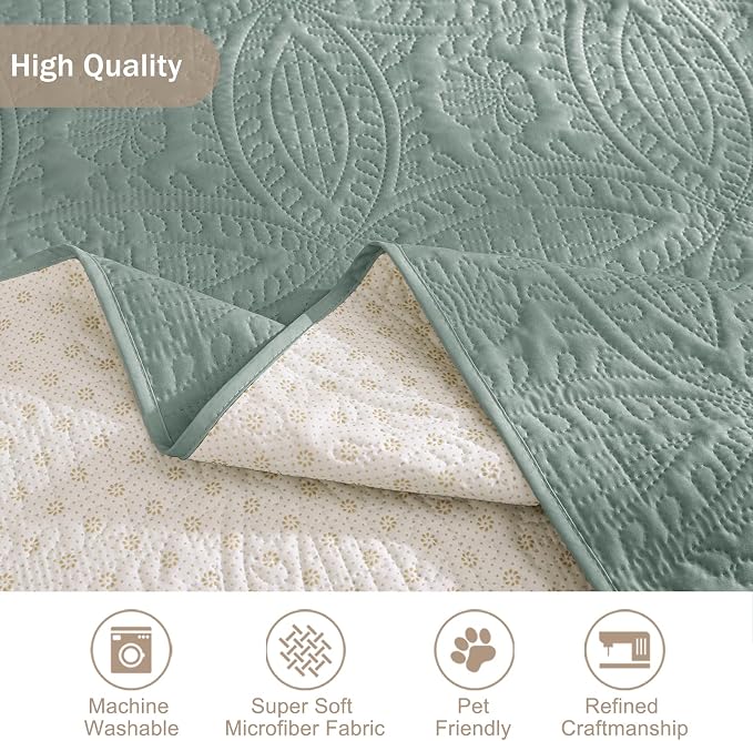 Sage Blue Quilted Sofa Cover, Anti-Slip Medallion Designed Couch Covers for 3 Cushion Couch, Sofa Slipcovers for Dogs Cats Water-Repellent, Machine Washable (Large Sofa 68", Sage Blue)