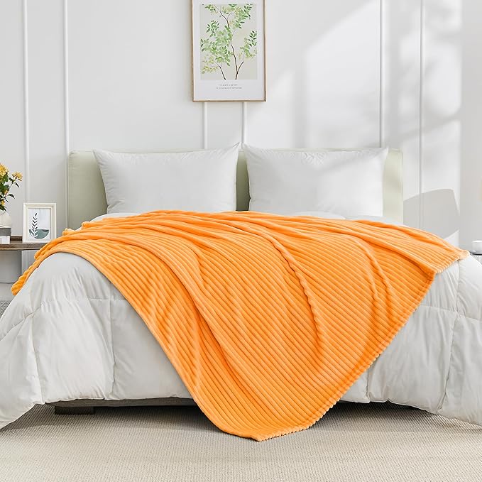 Bnuitland Fleece Throw Blanket for Couch, 300GSM Soft Warm Cozy Fluffy Throw for Adults & Kids, Stripe Pattern, All Season Sofa Bed Blanket for Home Decor, Light Orange 50"x60"