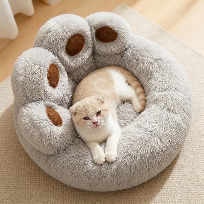 Cat Paw Shaped Cat Bed, Long Plush Calming Cat Bed for Indoor Cats, Washable Pet Bed with Anti-Slip Bottom, Soft Cozy Bed for Small Medium Large Cats & Dogs (Grey, Small)