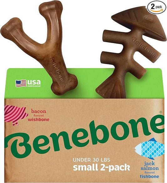 Benebone 2-pack Fishbone/Wishbone Durable Dog Chew Toys, Real Fish, Real Bacon, Made in USA, Small