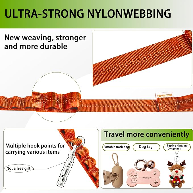 FOVRLZSE Reflective Bungee Dog Leash(Orange) - 4FT to 5FT Adjustable Shock Absorbing Leash with Double Padded Handle & 360° No Tangle Metal Clasp for Small Medium Large Dogs