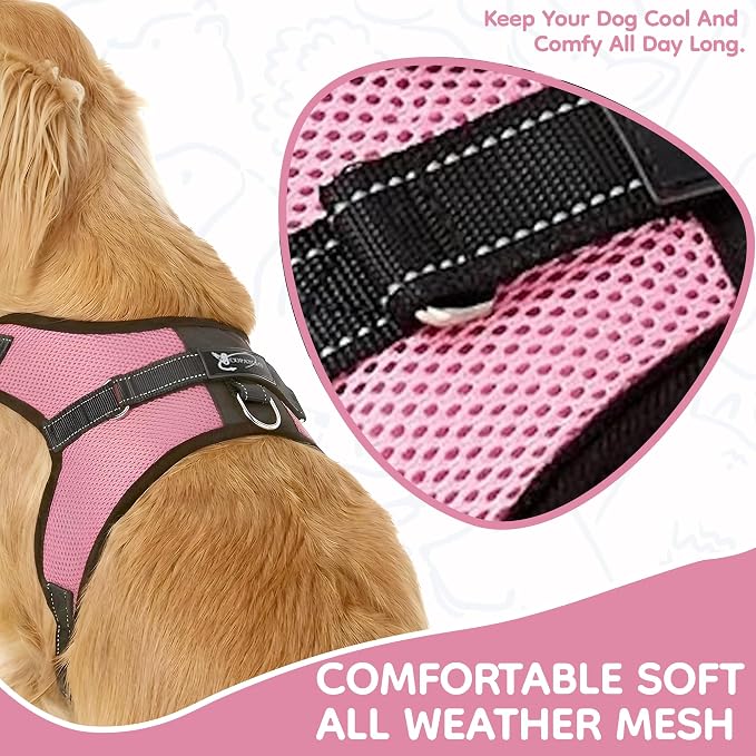 No Pull Reflective Adjustable Dog Harness With Handle- Comfortable Soft All Weather Mesh, Easy On Puppy Harness For Small Medium and Large Dogs (Pink) Medium