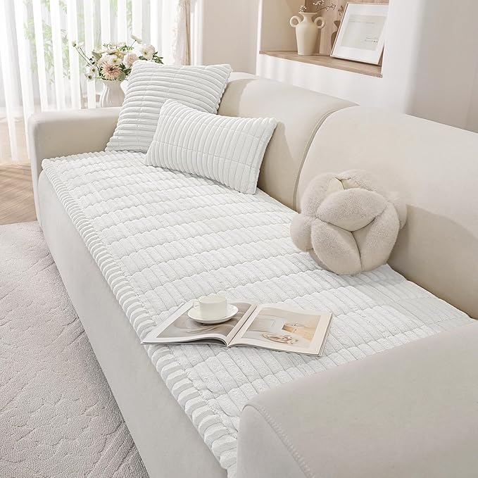 Fuzzy Pet Couch Covers for Dogs Washable, Thick Couch Covers for 3 Cushion Sofa Pet Friendly, Non Slip Plush Dog Couch Cover for for Sectional, Loveseat (White, 27.6" x 83")