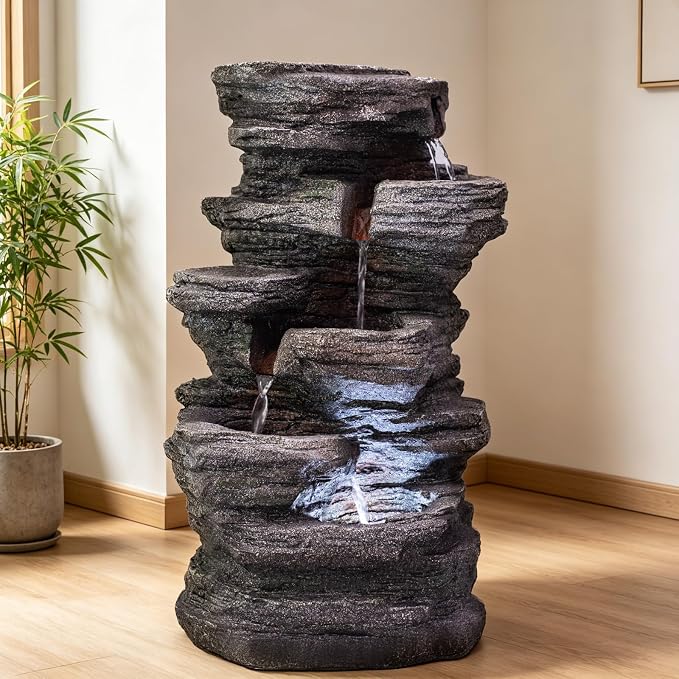 Solarbloom Outdoor Water Fountain with LED Lights, 5-Tier Spiral Cascading Stacked Waterfall Fountain Freestanding Resin Water Feature for Patio, Garden, Backyard, Deck