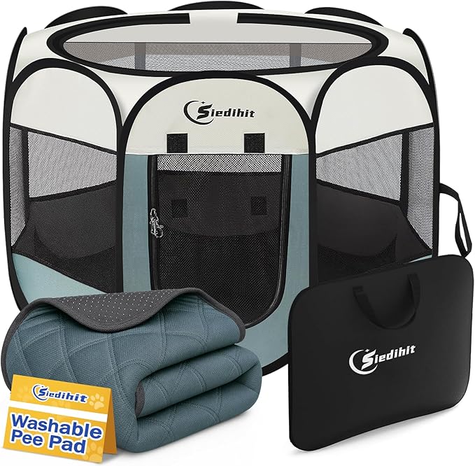 Siedihit Dog Playpen with Washable Pee Pad, Puppy Pet Cat Playpen Small Dogs Tent Crate Indoor/Outdoor, Portable Pop Up Kennel with Carrying Case for Cats/Rabbits(Grey,Small with pad)