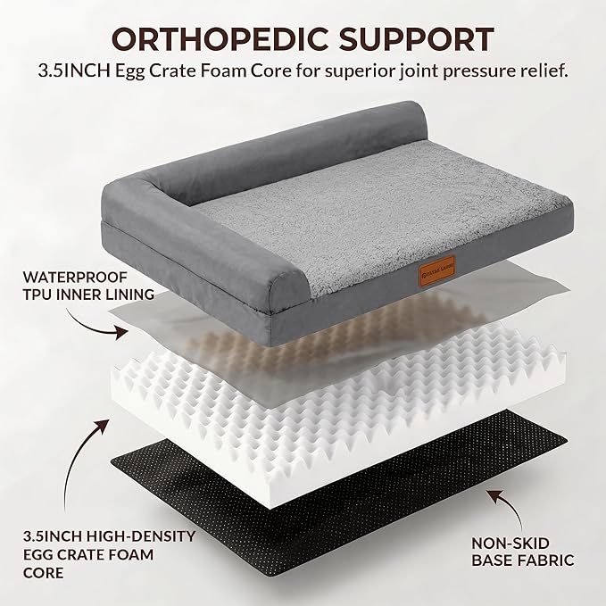 Patas Lague Orthopedic Jumbo Dog Bed for Extra Large Dogs 56''X40'', Waterproof L Bolster Jumbo Pet Sofa Beds with Removable Washable Cover, Soft Pet Couch Crate Mat with Nonskid Bottom, Grey