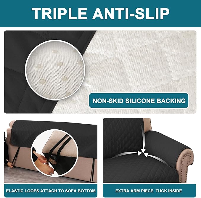 Turquoize 100% Waterproof Sofa Covers Couch Cover Sofa Cover for Dogs Couch Protector Triple Non-Slip Sofa Slipcover for 3 Cushion Couch Furniture Protector for Pets, Kids,Dog (XL Sofa 78", Black)