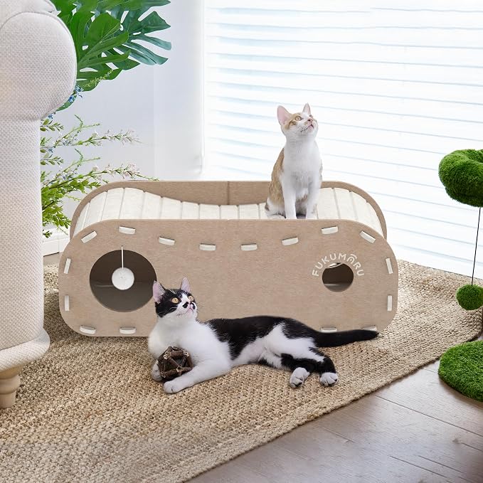 FUKUMARU Cat Beds for Indoor Pets 31.5 Inch, Extra Long Cozy Cat Bed Cave Tunnel for Multiple & Large Cats, Felt Kitten Hideaway House with Fluffy Ball, Scratch Resistant, Warm & Safe, Beige