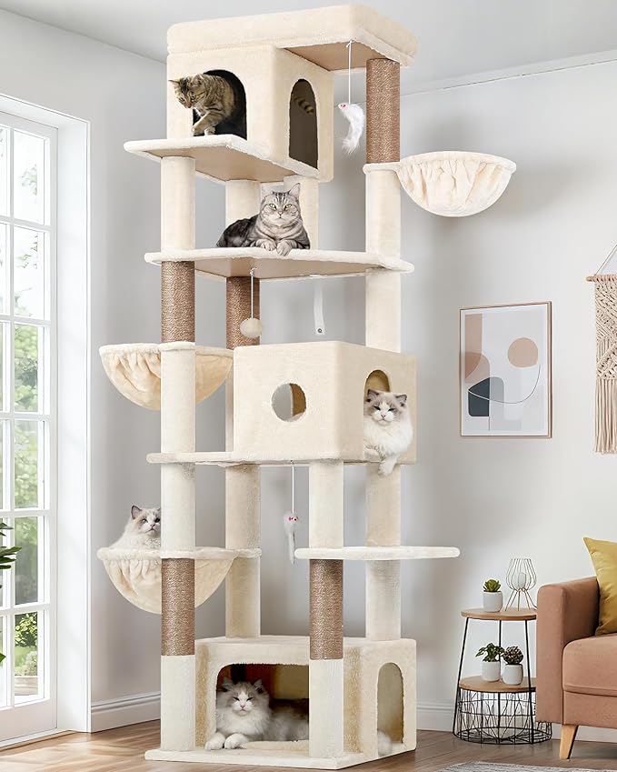 Globlazer Large Cat Tree, 80 inch Multi-Level Tall Climbing Tower Kitty Condos Cat Scratching Tower for Indoor Multiple Large Adult Cats Kittens with 3 Cat Caves, 3 Hanging Baskets, F80F, Beige
