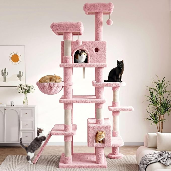 SHA CERLIN 82 inch, Multi-Level Cat Tree Tower for Indoor Cats, Cat Condo with Sisal Scratching Posts, Plush Perches, Hammocks, Toy Balls, Pink