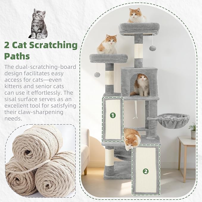 Gitelsnour Multi-Level Cat Tree for Indoor Cats, Cat Tower with 2 Scratching Boards, 2 Plush Padding Platforms, Cat Condo House with Hammock, Basket, Light Gray GCT022W