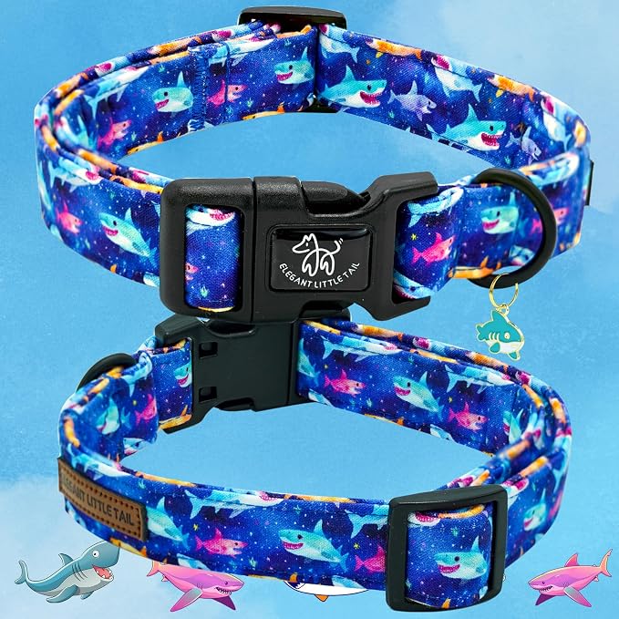 Elegant little tail Dog Collar- Cute Dog Pet Collars Blue Shark Print Puppy Adjustable Soft Cotton Boy Dog Collars for Small Medium Large Dogs, Small