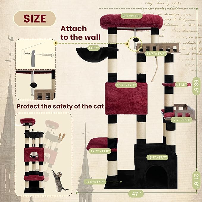Gitelsnour Maine Coon Cat Tree, Heavy Duty Cat Tree for Indoor Cats Large Adult, Gothic Cat Tower for Large Cats 20 lbs+ with Hammock, 2 Big Perches, 2 Cat Condos, 15 Scratching Posts, Black GCT033BR