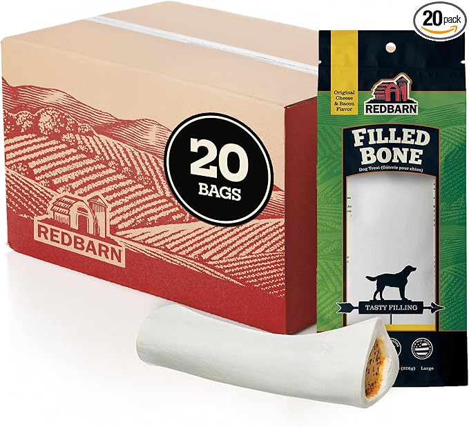 Redbarn Large Cheese n' Bacon Filled Bones Dog Treats 20-Pack - Premium Beef Femur Bones for Aggressive Chewers, Long Lasting Dog Chews for Large Dogs, Dental Health