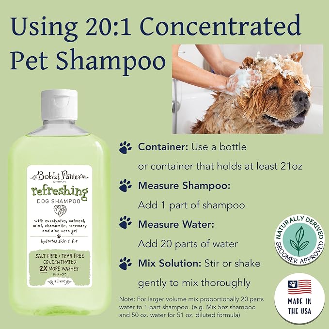 Bobbi Panter Refreshing Dog Shampoo Eucalyptus, Mint, Chamomile & Rosemary – Hydrating Natural Formula for Clean Fresh Coat, Tear-Free, 30:1 Concentrate, Made in USA, 14 oz