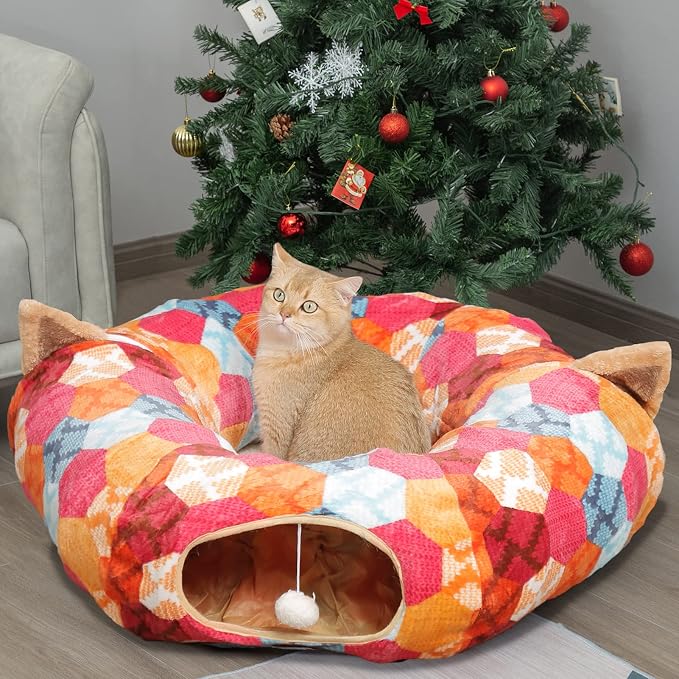 AUOON Cat Tunnel Bed for Indoor Cats - Large Cat Donut Tunnel with Hanging Ball Toy, Collapsible 2-in-1 Multifunctional Interactive Cat Toy for Kitten, Puppy, Rabbit, Ferret (Orange)