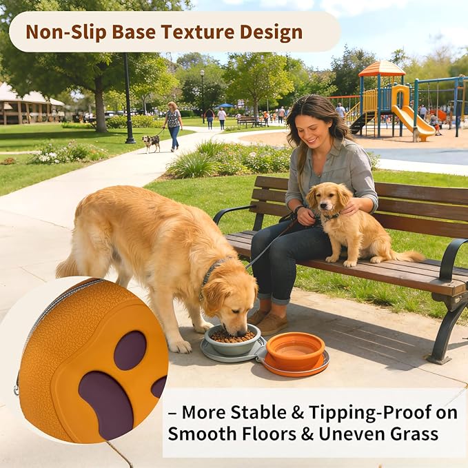 Collapsible Dog Bowls, 2-in-1 Silicone Pet Food and Water Bowl with Carabiner, Portable Double Compartment Dish for Travel, Camping, Hiking Puppy Essentials (A-Green Brown)